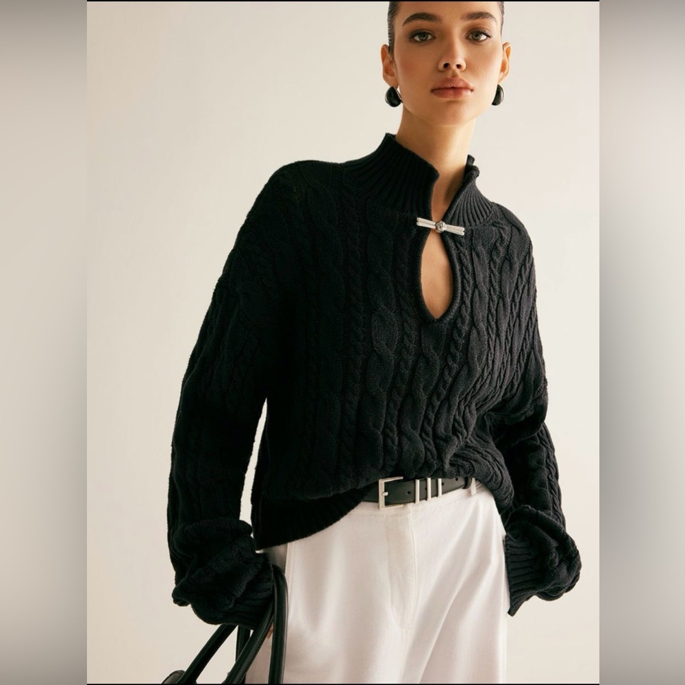 Commense Black Cable Knit Turtleneck Sweater - Picture 2 of 9